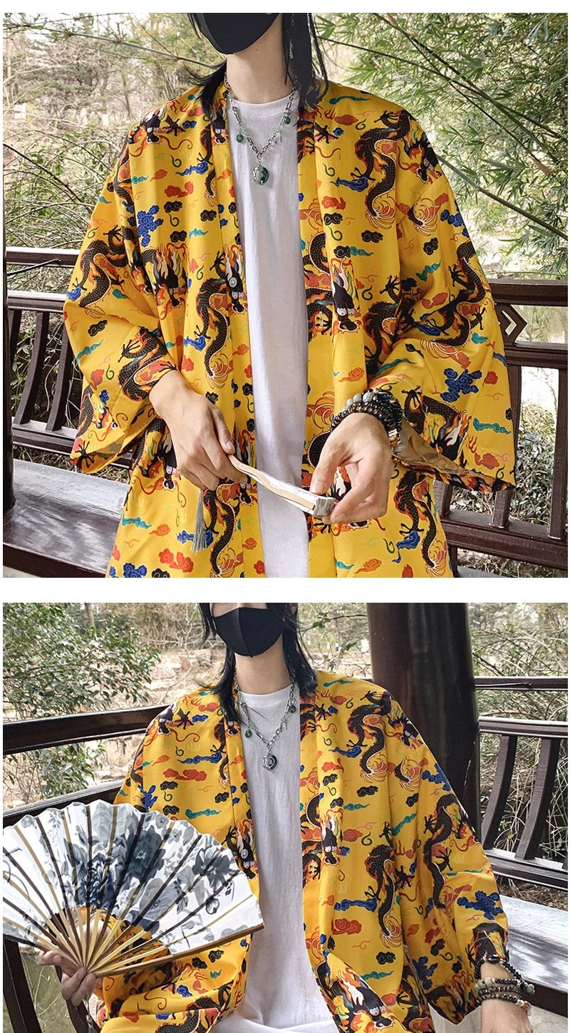 Japanese Style Men's Lightweight Kimono Jacket Dragon Print Kimono Cardigan New Arrival Street Shirt Harajuku Kimono Couple Tops