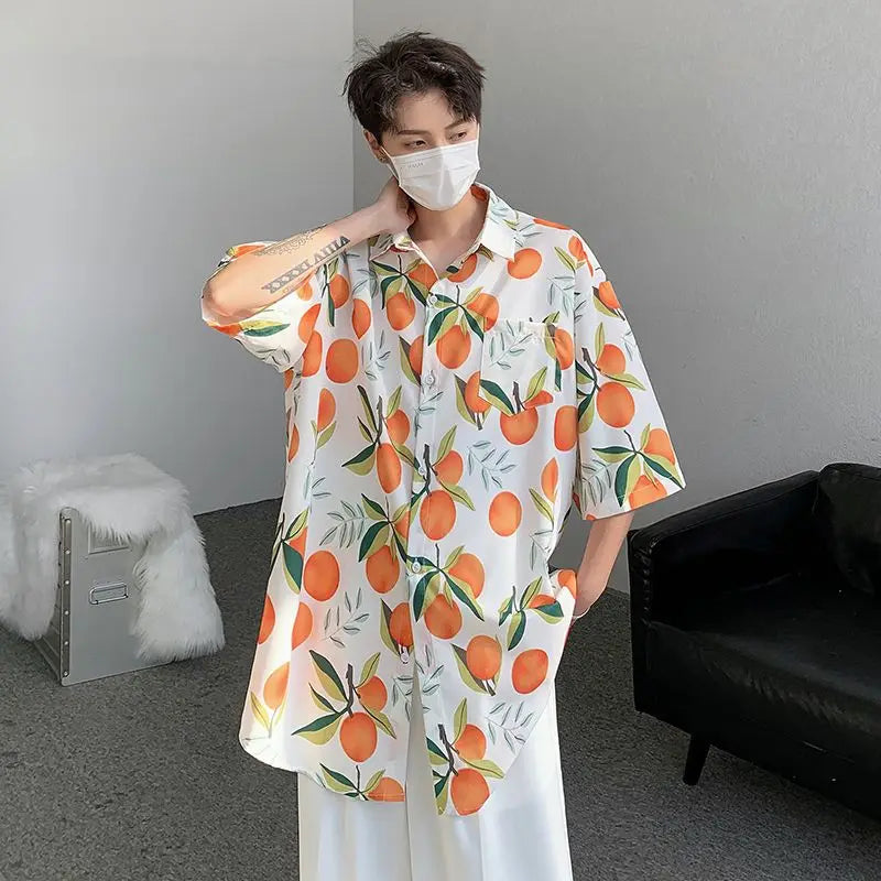Gothic Streetwear – Orange Cute Fruit Peaches Full Print Shirts Loose Half Sleev – Modern Streetwear for Everyone