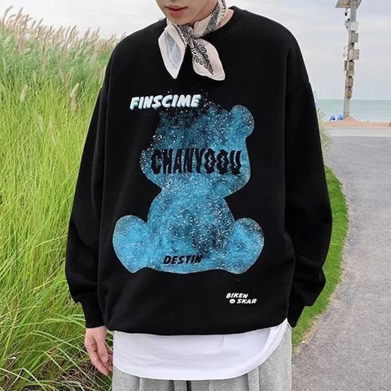 Graphic Blue Bear Kawaii Print Pullovers Hoodies For Men Autumn Fleece