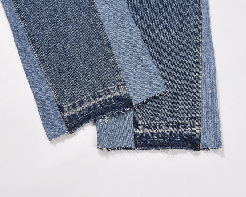 high street fashion contrast straight tube micro flared jean horn pant washing mens tassel vintage patchwork wide denim jeans unique jeans style 5013