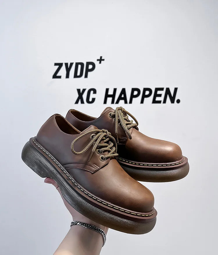 High Street Vintage Brown Big Toe Leather Shoes Men Women Streetwear Fashion Hip Hop Casual Increase Derby Shoes