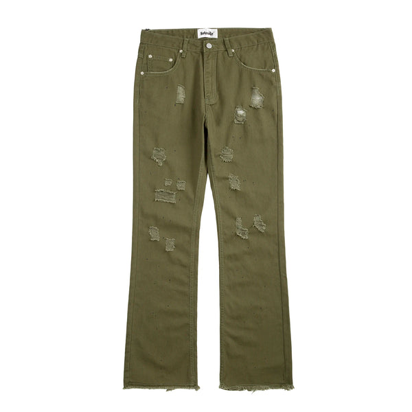 military green cargo jeans pants thin streetwear skinny micro horn ripped jeans hip hop raw edge speckle ink washed slim jeans utility cargo pants