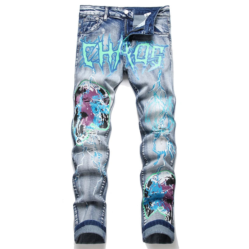 fashion skull graffiti jeans lightning printed denim pants mens distressed biker jeans streetwear slim hip hop pants joggers unique joggers style 343