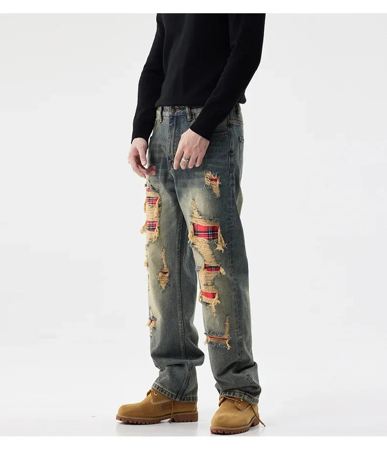 men broken hole patch loose casual plus size straight ripped denim pants jeans man streetwear fashion baggy jeans trousers unique jeans style 3163