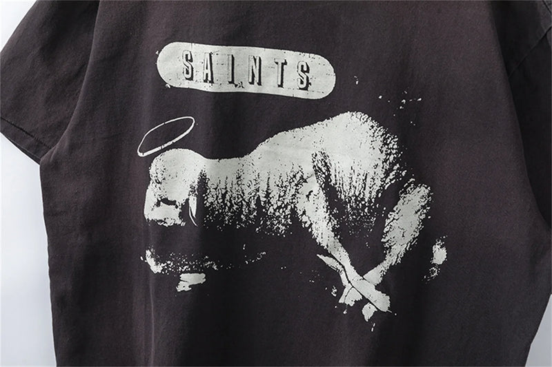 Trapwear Oversized shirt – 2024 Summer Vintage Fashion Charcoal Black Split Print Sheep