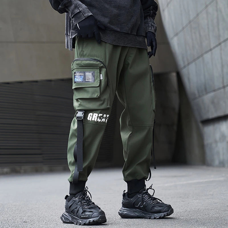 hip hop loose fit elastic waist cargo pants fashion military pocket ankle pants mens casual drewstring baggy sweatpants joggers unique joggers style 3550