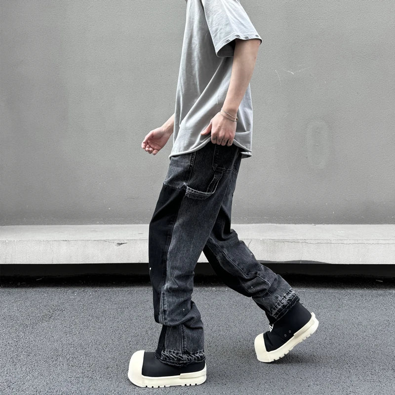 retro washed denim mens jeans pants fashion graffiti patchwork loose biker black jeans streetwear hip hop casual straight pants unique jeans style 5254
