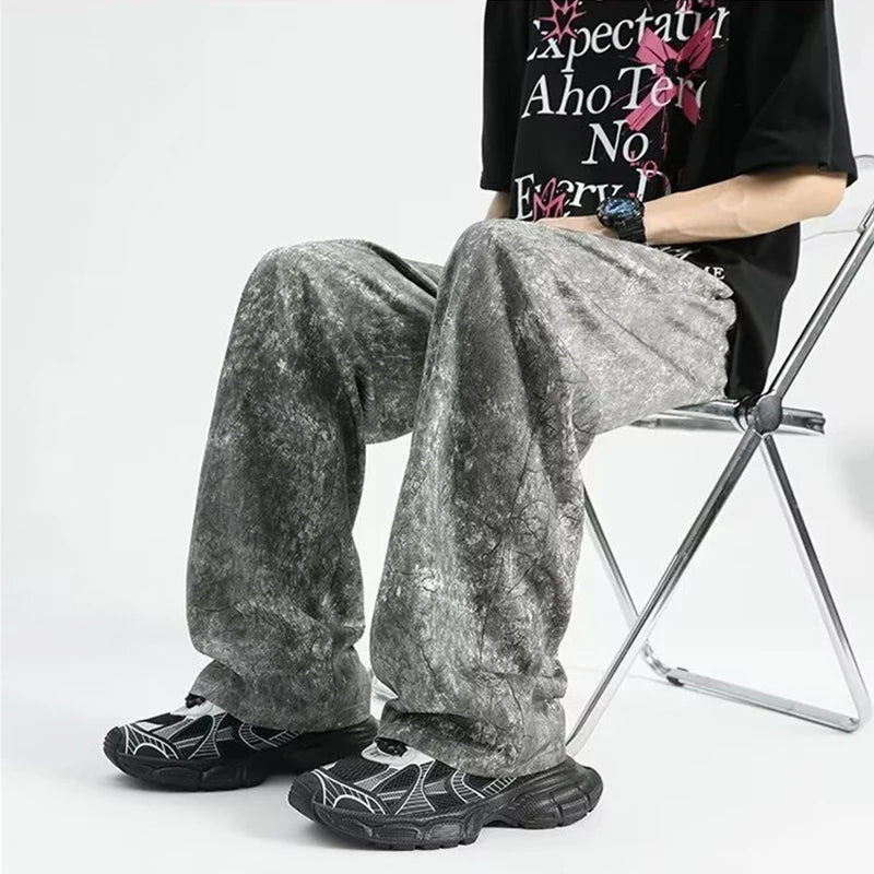 2024 goth tie dye corduroy pants mens autumn baggy wide leg straight casual trousers women drawstring hip hop y2k sweatpants unique joggers style 1356