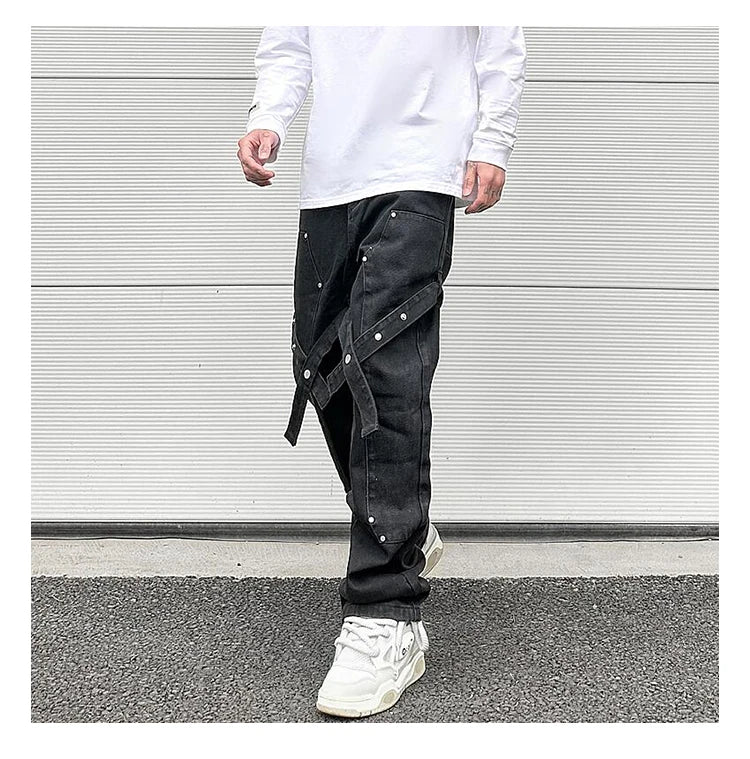 fashion knee adjust belt decoration denim jeans zipper straight jeans hip hop streetwear mens casual loose joggers jeans pants unique joggers style 2569