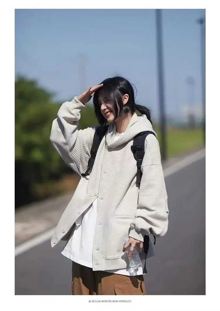 Korean Retro Y2K Waffle Hooded Jacket for Men and Women Ins Harajuku Style Casual Loose