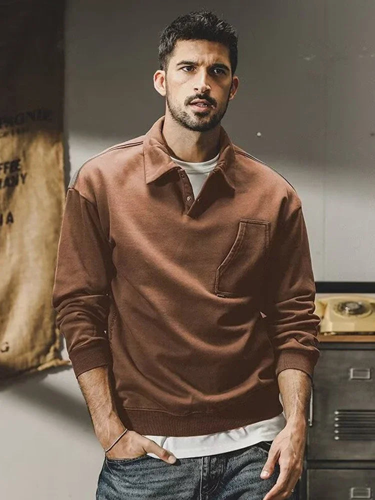 Autumn Y2K Vintage Long Sleeve Sweatshirt Mens Loose Pockets Polo Neck