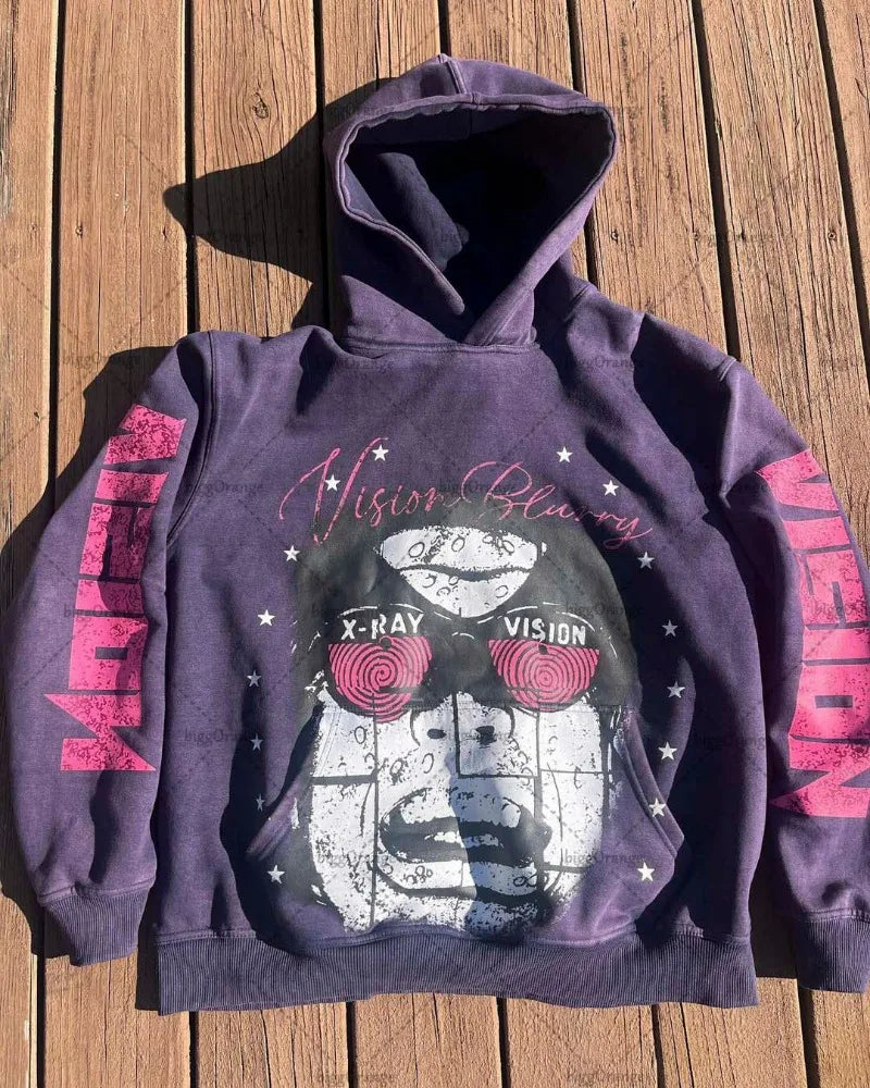 American Gothic Punk Cartoon Letter Print Oversized Hoodie Mens Fashio