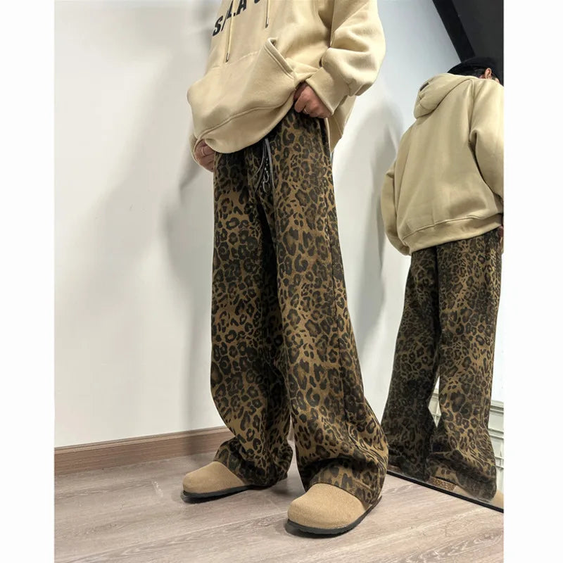 Leopard Printed Jeans Men Fashion Retro Printed Vintage Jeans Men Streetwear Hip-hop Loose Wide Leg Jeans Mens Denim Trousers