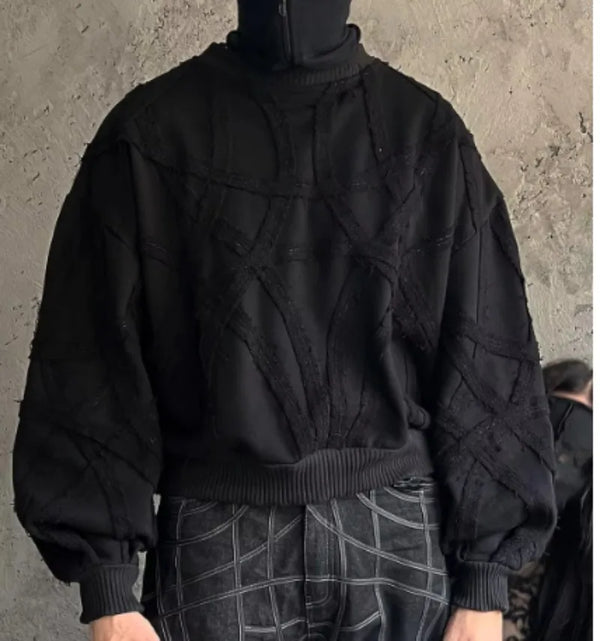 American High Street Trendy Brand Fashion Long-sleeved Men Y2k Dark Striped Round Neck Pure Cotton Top Street Oversized Pullover