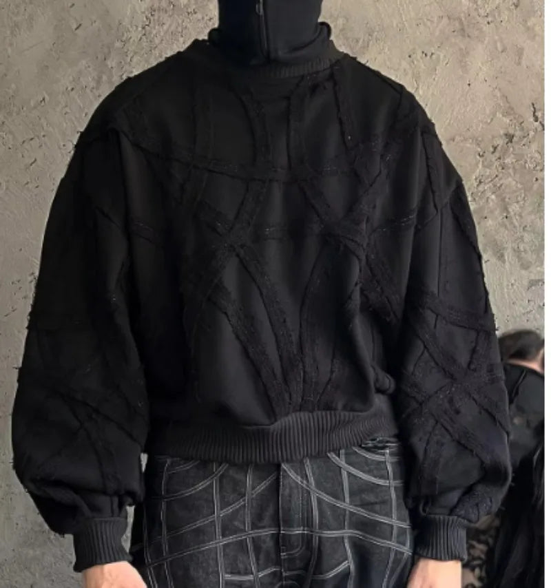 American High Street Trendy Brand Fashion Long-sleeved Men Y2k Dark Striped Round Neck Pure Cotton Top Street Oversized Pullover