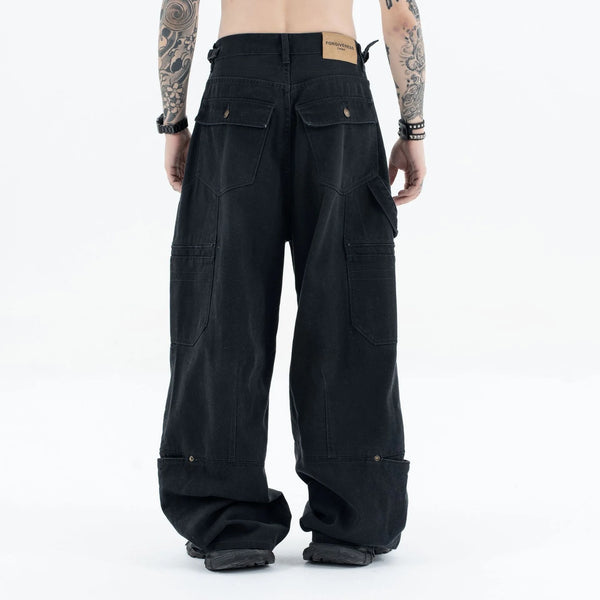 Washed and worn multi-pocket cargo jeans