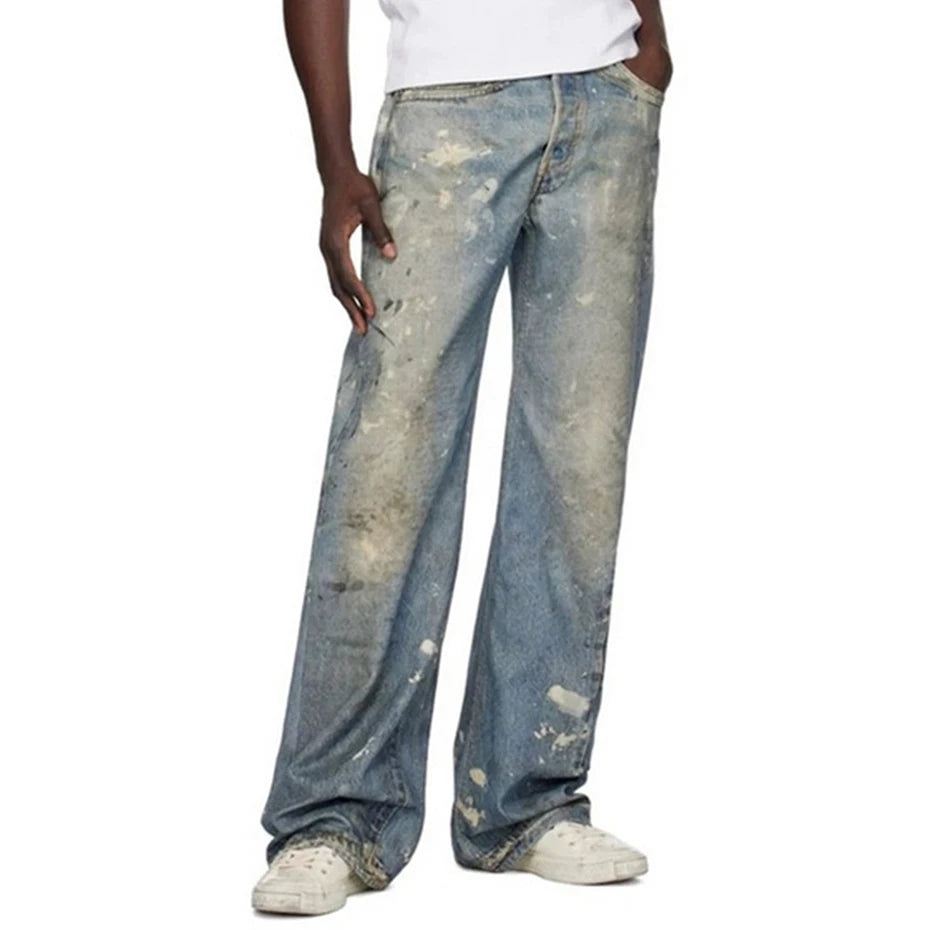 dirty tie dye baggy jeans mens streetwear hip hop loose blue denim pants hi street luxury designer jeans trousers man unique jeans style 2193