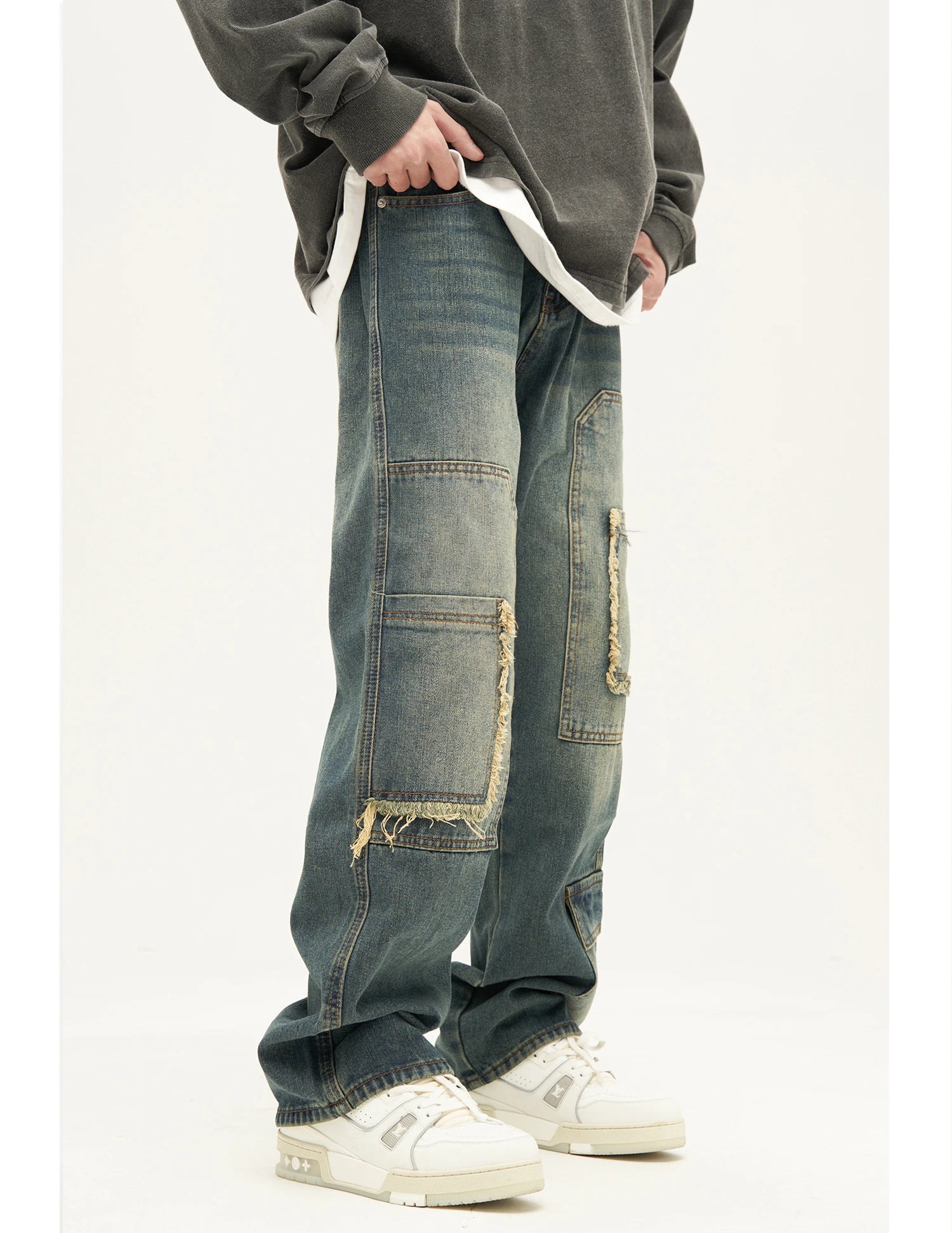 retro washed denim jeans destroyed ripped loose mens biker jeans side pocket fashion streetwear hip hop straight pants joggers unique joggers style 2210