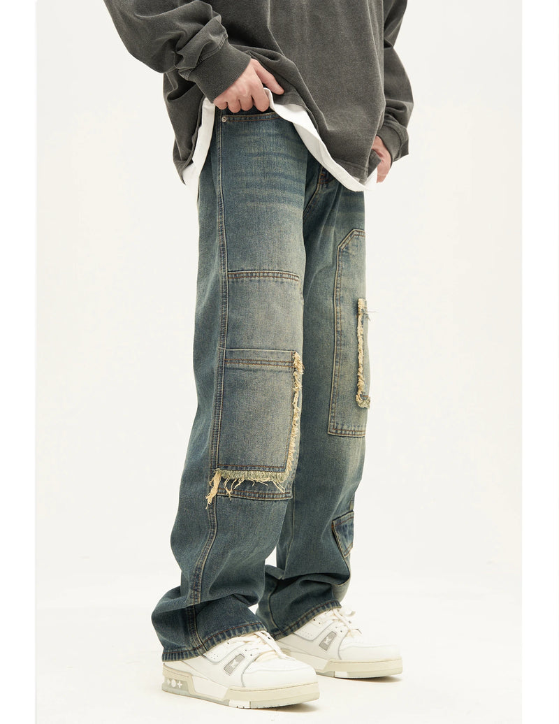 retro washed denim jeans destroyed ripped loose mens biker jeans side pocket fashion streetwear hip hop straight pants joggers unique joggers style 2210