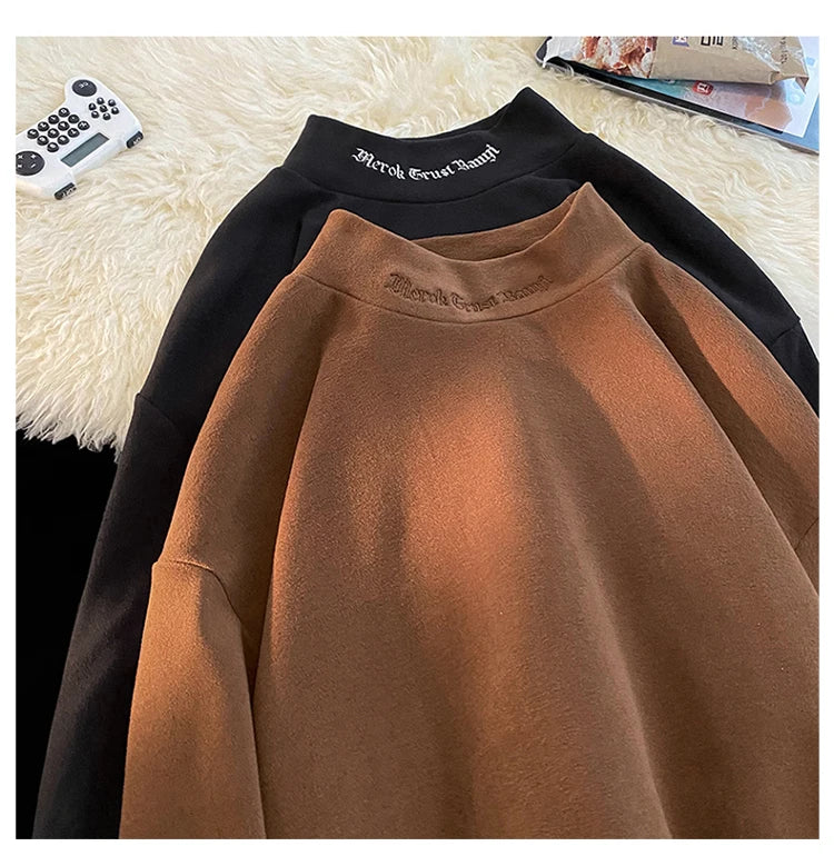 Autumn Winter Warm Classic Long Sleeve Bottoming Shirt Gothic Style Embroidery Half-high Neck Tops Loose T-shirt
