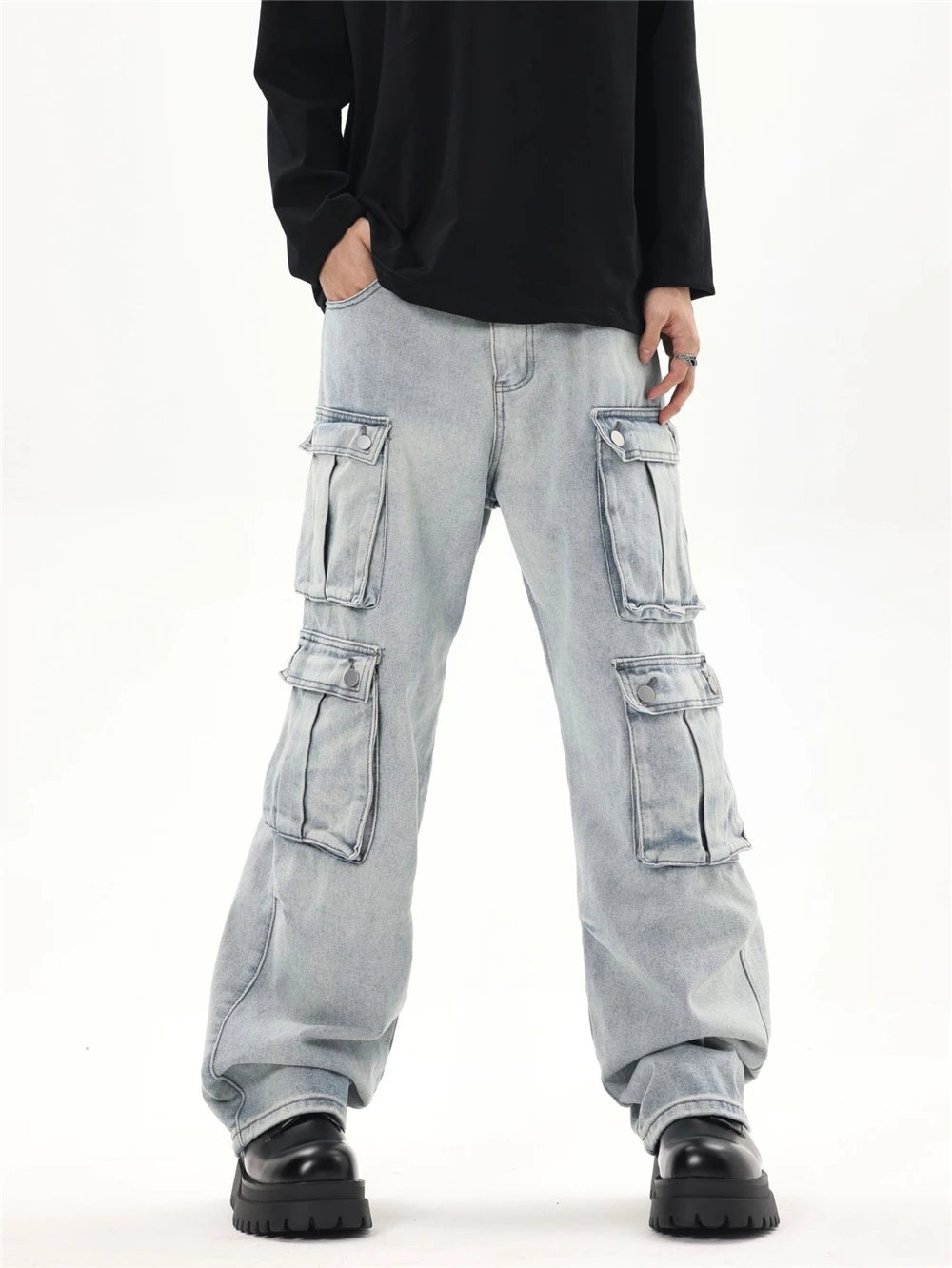 2024 multi pocket jeans vintage mens harajuku cargo denim pants retro hip hop straight loose jean pants unique cargo style 893