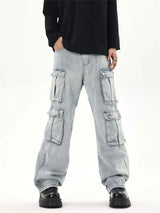 2024 multi pocket jeans vintage mens harajuku cargo denim pants retro hip hop straight loose jean pants unique cargo style 893