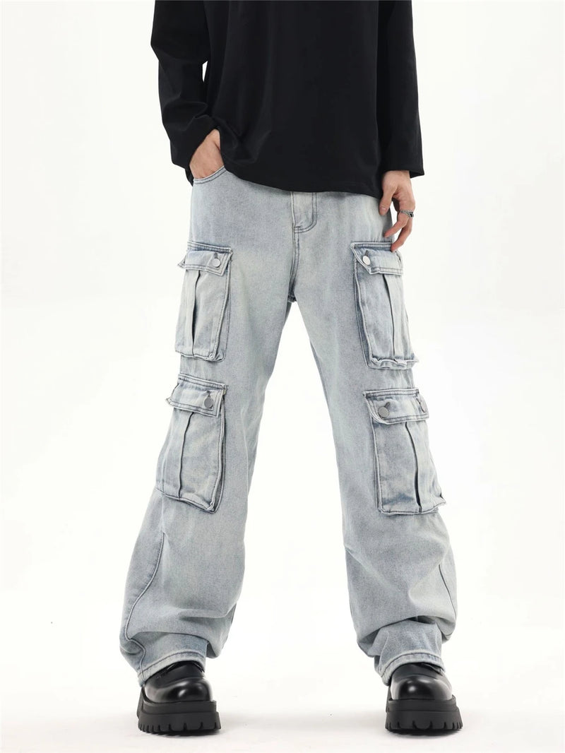 2024 multi pocket jeans vintage mens harajuku cargo denim pants retro hip hop straight loose jean pants unique cargo style 893