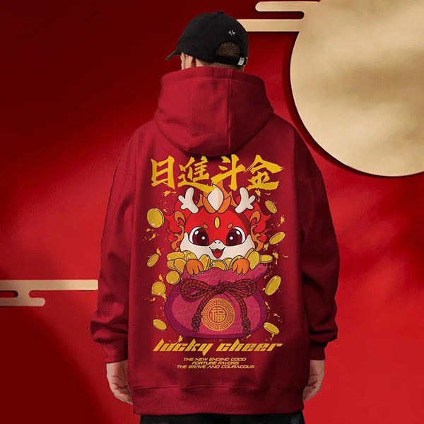 Lucky Cheer Dragon Printed Hoody Man Y2K Streetwear Clothes Fleece Hip
