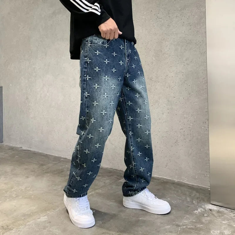 autumn winter new trendy brand jacquard jeans men high street hiphop casual fashion loose denim jeans pants boyfriend trousers stacked flare jeans