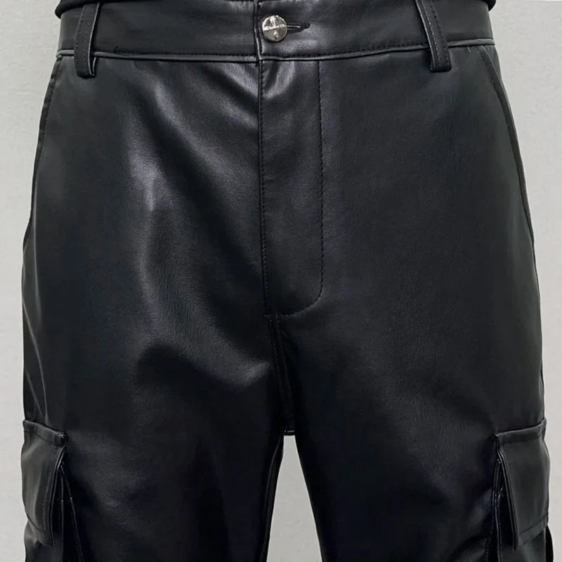 pu leather pants mens streetwear fashion hip hop vibe casual faux leather cargo flared pant men motorcycle trousers unique cargo style 3074