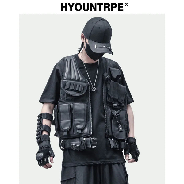 Hip Hop Sleeveless Vests Mesh Adjustment Cargo Waistcoat with Pockets Zipper Military Jacket Streetwear Tactical Vest Sweatsh - variant style c274c4 for streetwear fashion