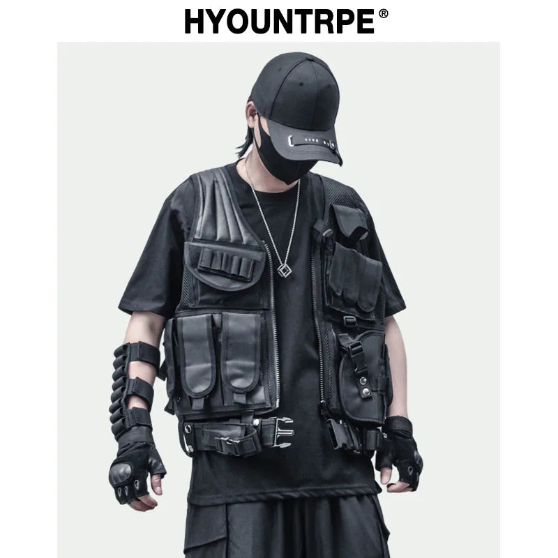 Hip Hop Sleeveless Vests Mesh Adjustment Cargo Waistcoat with Pockets Zipper Military Jacket Streetwear Tactical Vest Sweatsh - variant style c274c4 for streetwear fashion