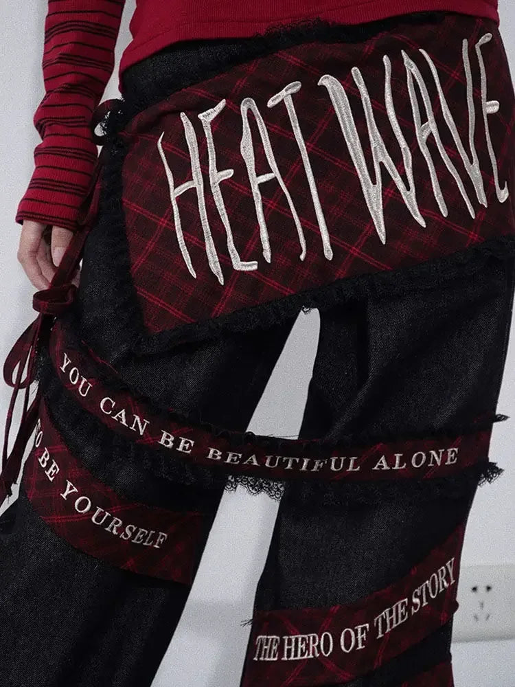 embroidered patchwork red checkered multi pocket jeans with high waist and slimming effect floor length pants baggy jeans women denim street jeans