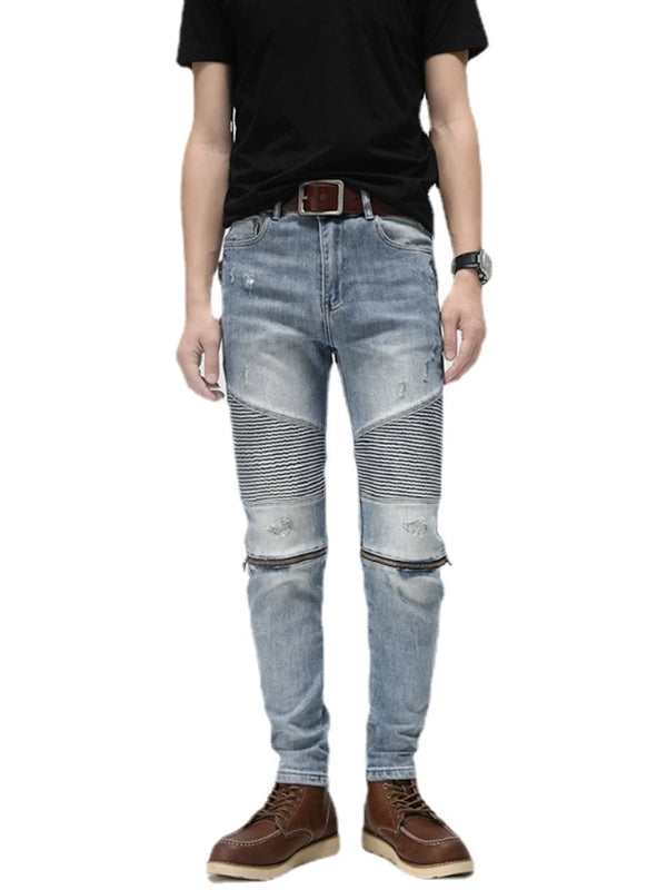 knee zipper patchwork pleated skinny denim jeans men casual slim biker trousers jeans fashion streetwear hip hop pants joggers casual joggers