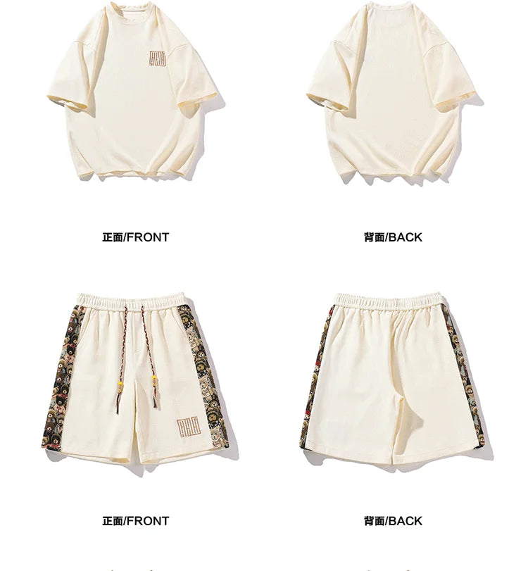 Men Sets Casual Short-sleeved Side Embroidery Trousers Fashion Street Men Suits