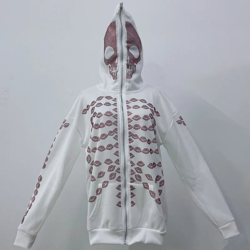 Hoodie Men Rhinestone Skeleton Zip Up Hoodie Oversized Sweatshirts Y2K