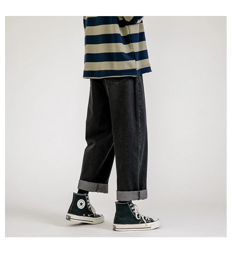 korean fashion mens baggy jeans classic all match solid color straight leg denim wide leg pants male light blue grey black unique jeans style 1136