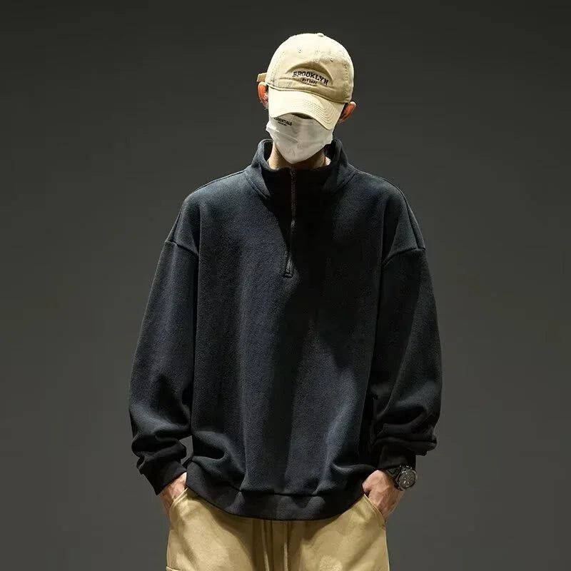 Mens Polar Fleece Half Zip Turtleneck Sweatshirts Korean Fashion Loose