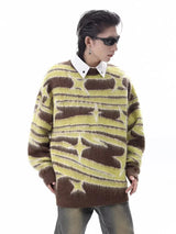japanese hip hop sweater set men contrast zebra pattern round neck knit top splicing distressed loose jeans 2 pcs harajuku suit unique jeans style 4531