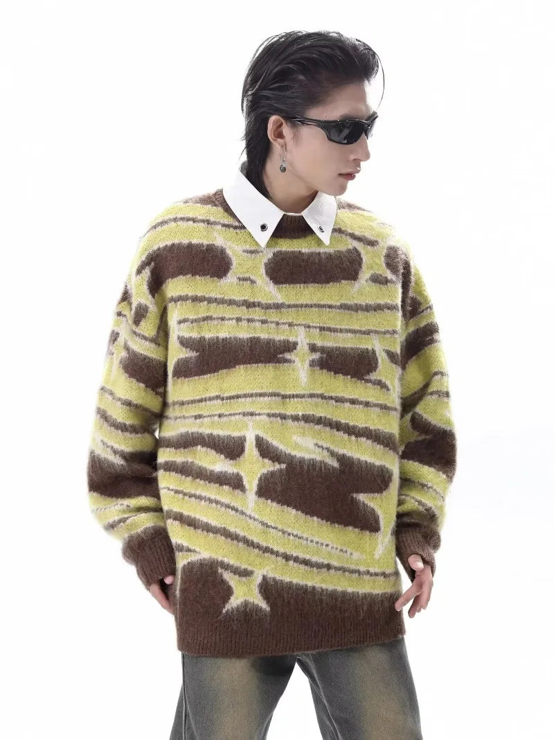 japanese hip hop sweater set men contrast zebra pattern round neck knit top splicing distressed loose jeans 2 pcs harajuku suit unique jeans style 4531