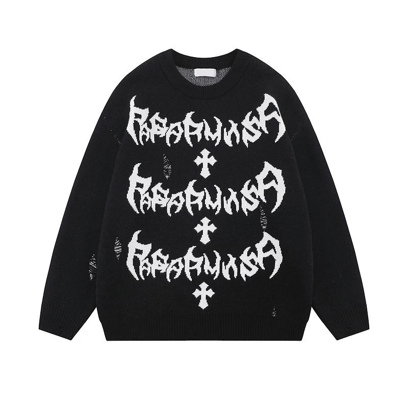 rainbowtouches men sweaters high street letter graffiti holes trendy pullover vintage loose knitted sweater spring and autumn - urban fashion pullover, bold artwork streetwear hoodie, high quality cotton hoodie