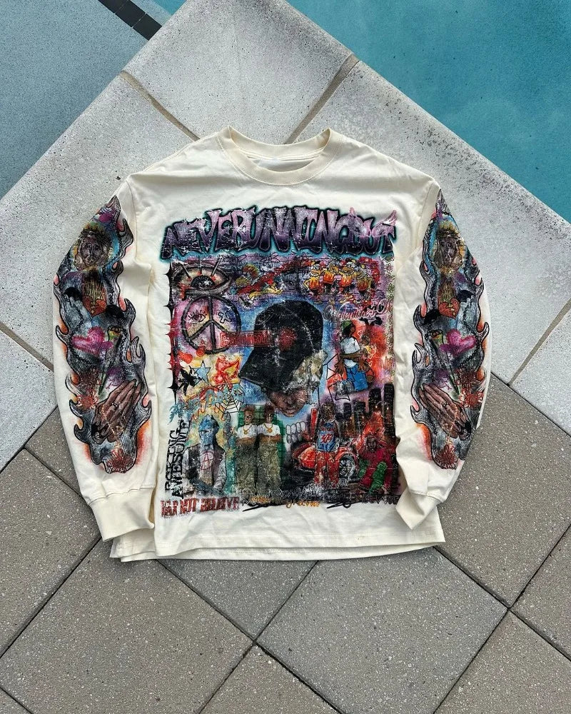 Harajuku Aesthetic print tee – Y2K Street Rock Hip Hop Anime Printed Long Sleeved Top Men A