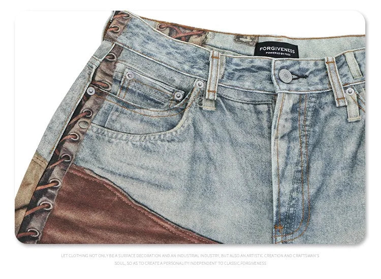 2024 autumn and winter new stitching ripped jeans