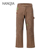 2023 streetwear graffiti cargo flared jeans khaki black splash ink wide leg denim pant hip hop cargo trousers jean men unique cargo style 5153