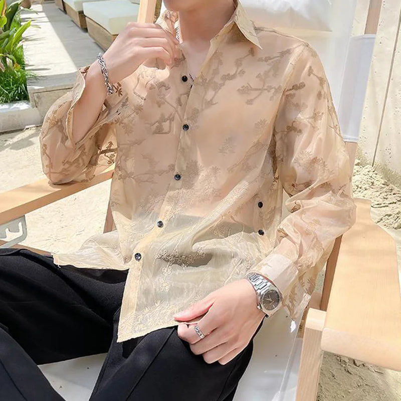 Mens Shirt Semi Transparent Exquisite Bamboo Plum Jacquard Embroidery Pattern Shirt Light Weight Sensual Long Sleeve Tops Summer