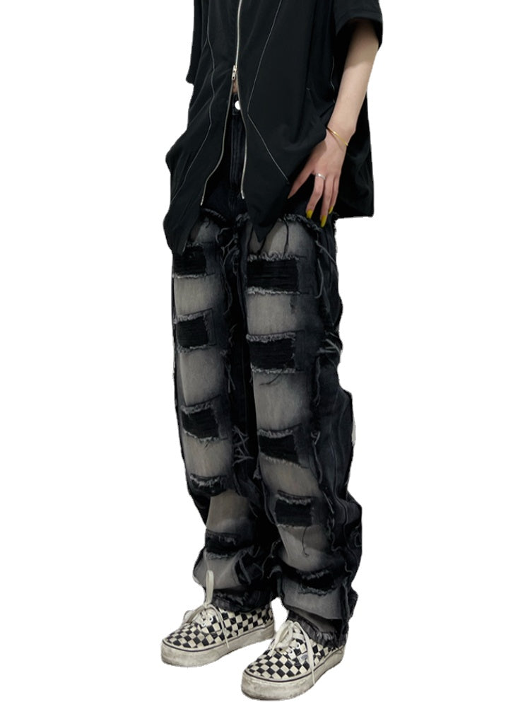 fashion distressed washed wtih moustache effect denim jean pants mens casual straight trousers streetwear hip hop joggers pants unique joggers style 2340