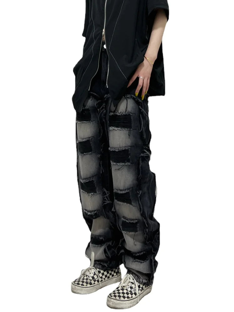 fashion distressed washed wtih moustache effect denim jean pants mens casual straight trousers streetwear hip hop joggers pants casual joggers