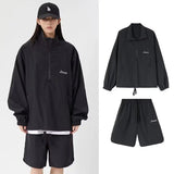 quick drying two piece set men loose casual street sweatshirt shorts y2k stand collar casual loose lightweight suits american unique shorts style 513