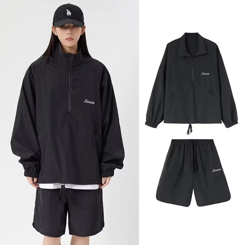 quick drying two piece set men loose casual street sweatshirt shorts y2k stand collar casual loose lightweight suits american unique shorts style 513