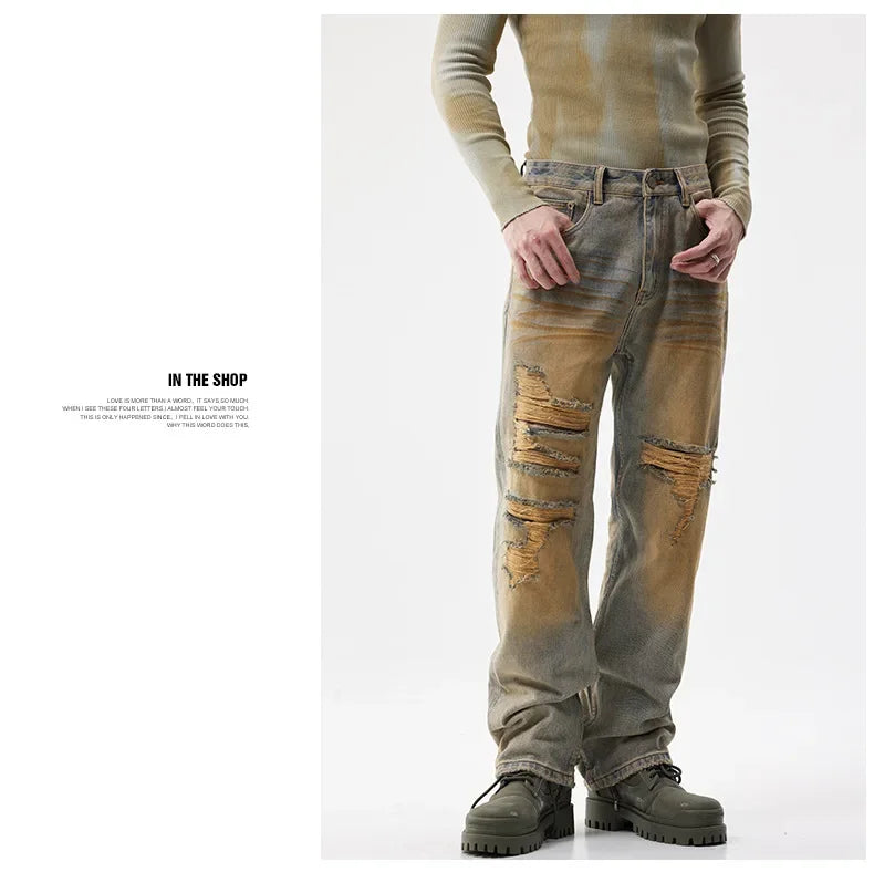 men patch hole distressed plus size denim pant ripped jeans streetwear fashion hip hop vibe loose casual baggy jeans trousers 40 unique jeans style 3182
